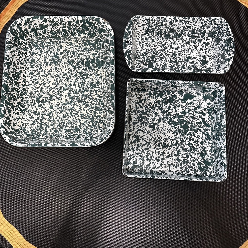Vintage Green White Splatter Enamelware Serving Trays Set of 3 Spatterware
